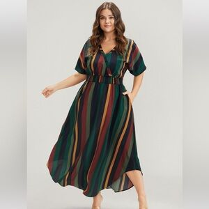 BloomChic Plus Size Striped Dolman Sleeve Pocket Shirred Flutter Wrap Dress